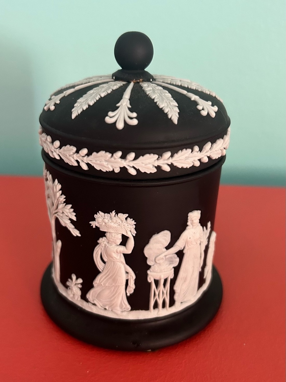 Wedgwood Jasperware White on Black Lidded Cigarette / Tobacco Jar